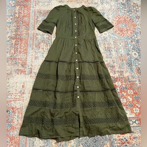 Gap olive green cotton eyelet midi button-down dress